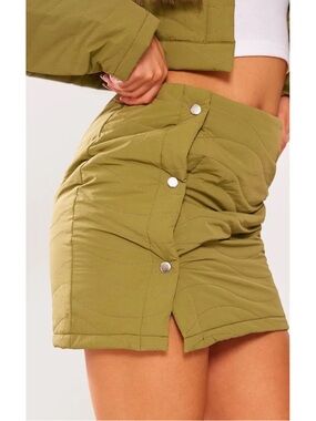 Petite Khaki Quilted Quilted Button Mini Skirt